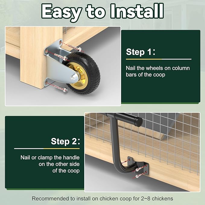 Flehomo Chicken Coop Wheels Kit, 2 Pack 4" Caster Wheels and A Lifting Handle for Easy Movement, Chicken Tractor Wheel Kit for Portable Chicken Coop Accessories Replacement or DIY