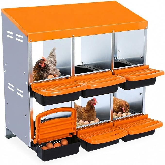 Chicken Nesting Box, 6 Compartments Metal Roll Away Nest Box for Chicken Coop, Heavy-Duty Eggs Laying Boxes with Removable Lid for Easy Egg Collection, Easy Cleaning, Orange