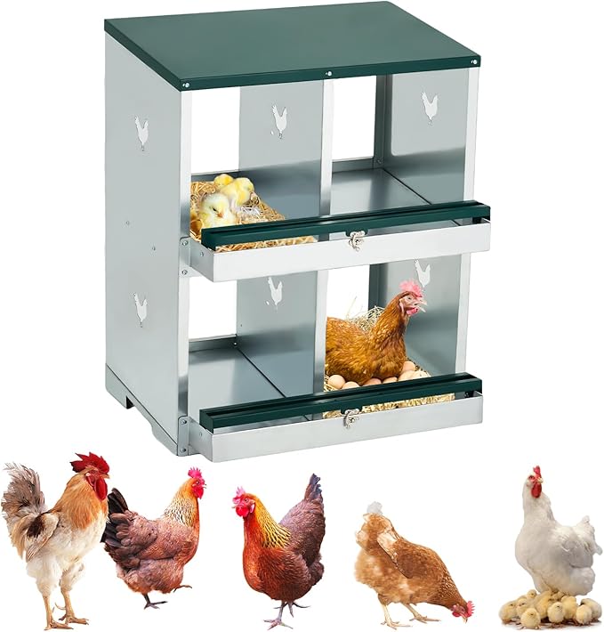 4-Hole Chicken Nesting Box, Large Ventilated Galvanized Steel Laying Box with Compartments, Wall-Mounted, Easy Egg Collection & Cleaning, Roll Away Nest Box for Coop - Green
