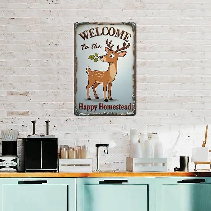 Deer Metal Tin Sign 12x8 Inch – “Welcome to the Happy Homestead” Vintage Farmhouse Wall Decor Wall Art Plaque for Porch Entryway Home