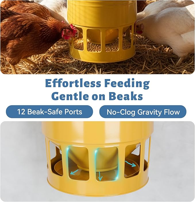 KOL Hanging Chicken Feeder – 20lbs Metal Chicken Feeder No Waste, Adjustable Poultry Feeder with 12 Ports, No Installation & Universal Height Design (Yellow)