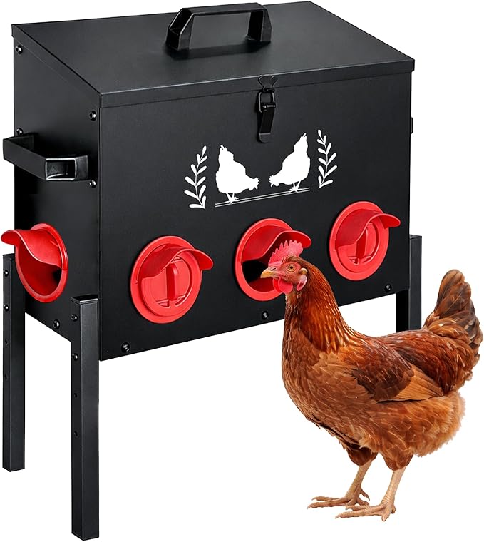 Large Capacity Automatic Chicken Feeder, 8 Port Chicken Feeder, 48LB Metal Chicken Feeders with Locking Lid & Adjustable Legs, No Waste Chicken Feeder, Black
