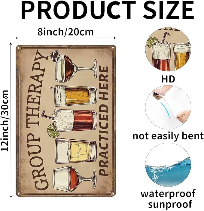 Vintage Metal Sign Group Therapy Practiced Here Tin Sign Funny Walll Decor for Bar Kitchen Pubs Cafe Home Garage 12×8 Inch