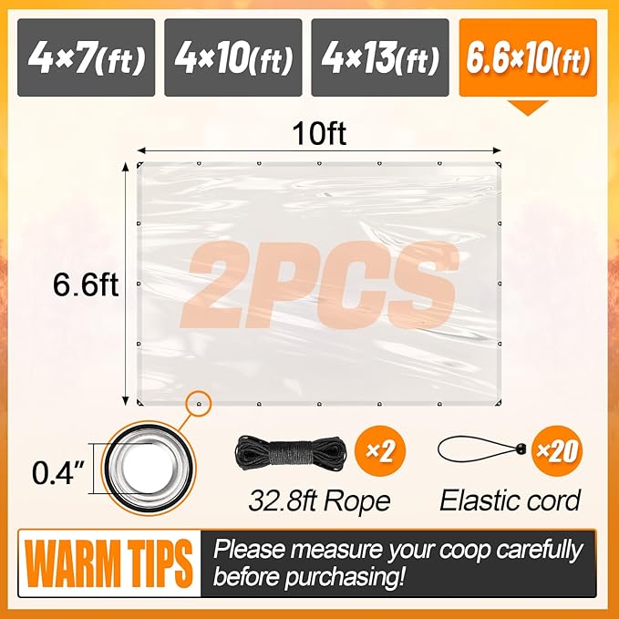 2pcs 6.6x10ft Chicken Coop Covers Accessories for Winter - Easy to Install Waterproof Chicken Run Tarp with Elastic Cords & Ropes