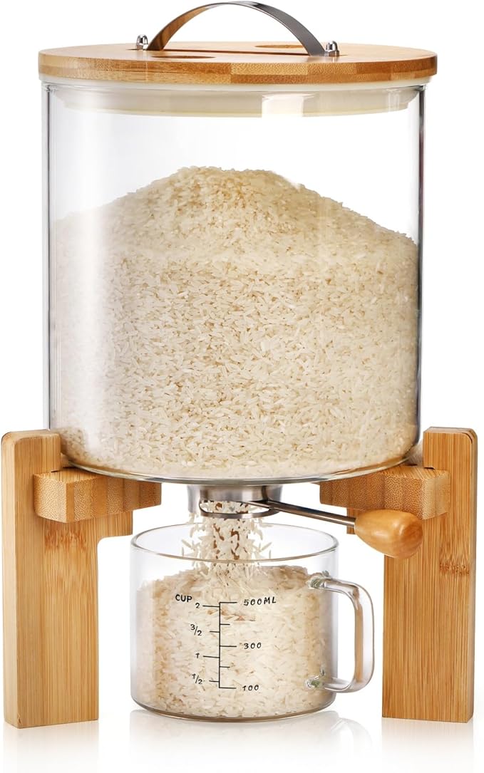 5L Glass Rice Dispenser, Cereal Container with Bamboo Stand, Large Airtight Food Storage Bin, Rice Organization Tank with Measuring Cup for Grain Coffee Beans Dry Food