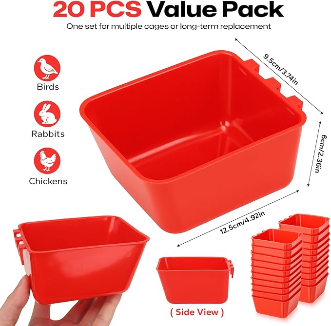 20Pcs 18 oz Bird Cage Cups, Red Plastic Poultry Feeder Waterer Cups, Hanging Wire Cage Bowls for Chicken Pigeon Bunny Gamefowl Farm Poultry