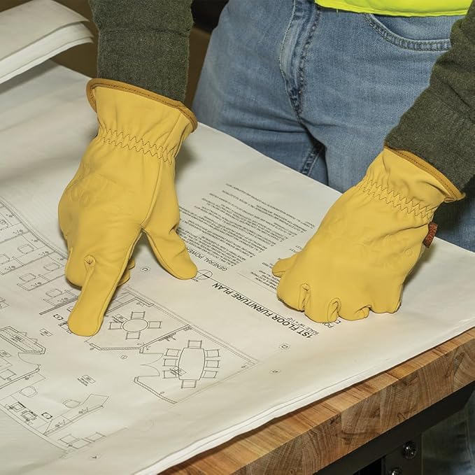 Klein Tools 60602 Work Gloves, Premium Cowhide Leather Gloves, Abrasion-Resistant Split Leather Palm Patch, Small