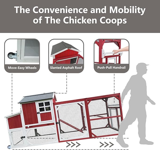 Chicken Coop Mobile Wooden Hen House with Nesting Box,191" L Outdoor Chicken House with Wheels and Removable Tray,Fir Wood Chicken Tractor with 6 Ventilation Door,Ramp,Red(2 Sets)