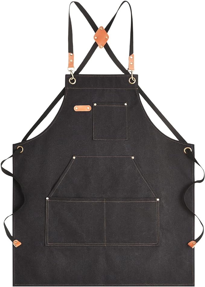 Canvas Aprons for Men Chef Apron, Work Apron with Large Pockets - 16oz Heavy Duty Cross Back, BBQ, Cooking