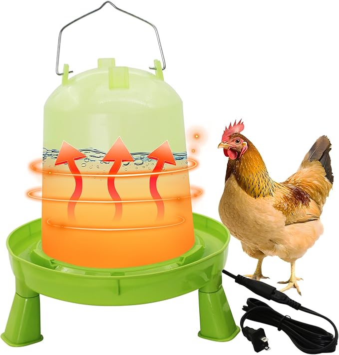 Heated Chicken Waterer 6L Thermostatically Controlled Poultry Water Heater with Overheating Protection, Galvanized Steel Handle Automatic Heated Poultry Drinker for Coop Chickens, Ducks, Geese (Green)