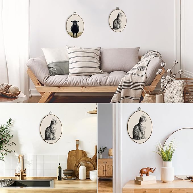 dvhdajed Vintage Cat Oval Wall Art Decor,Cute Cat Prints Framed Canvas Art,Gifts for Kitty Lovers,Neutral Beige Antique Kitty Oval Wall Hanging Decorations for Kitchen Nursery Bedroom, 8.7x11.3 Inch