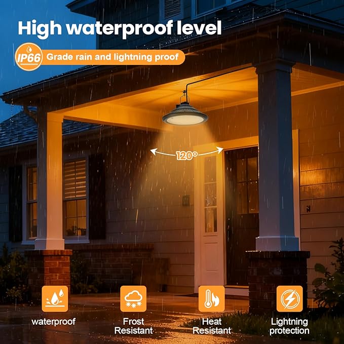 Solar Chicken Coop Light with Remote, Outdoor IP66 Waterproof Pendant Lights, 4500mAh Rechargeable Solar Barn Lights, 3 Modes, 4 Brightness Levels, 24H Timer, 16.4ft Cable for Patio Garden, 2-Pack