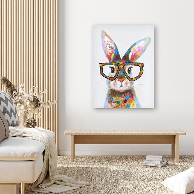Yidepot Whimsical Colorful Rabbit Canvas Poster - Farm Bunny Bedroom Wall Decor with Cute Glasses Pictures for Living Room 16"x24"