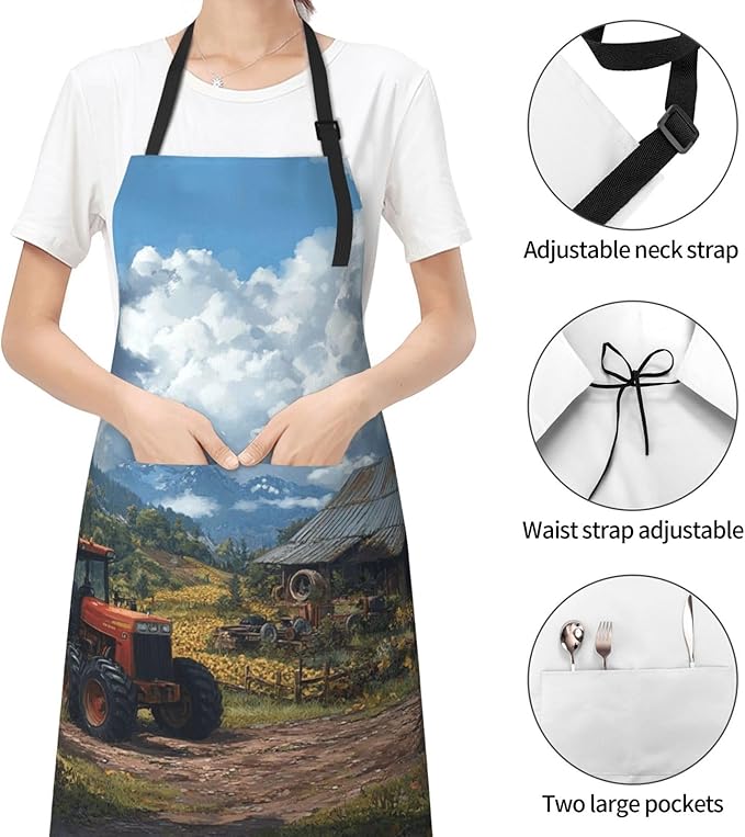 Kitchen Aprons for Men Women Waterproof Apron with 2 Pockets Skis on mountain Apron Adjustable Bib Aprons