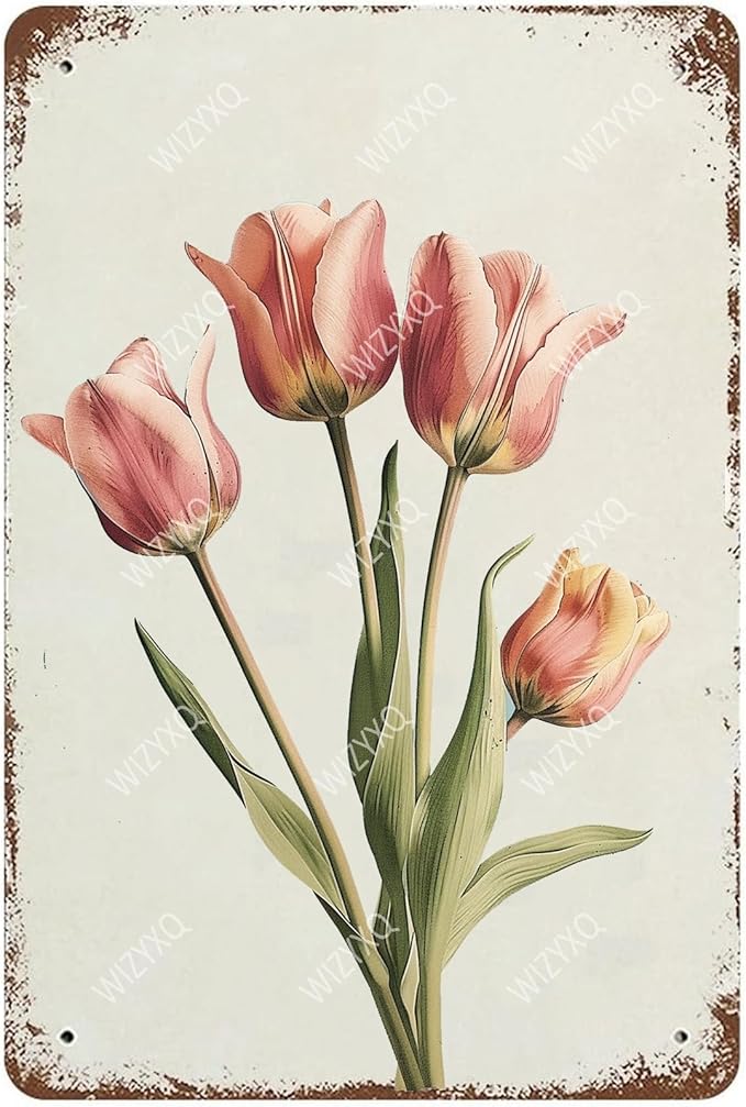 Flowers Metal Signs Tulip Sign Vintage Tin Sign Retro Wall Art Decor for Living Room Bedroom Garden Yard Shop Bar 8×12 Inches
