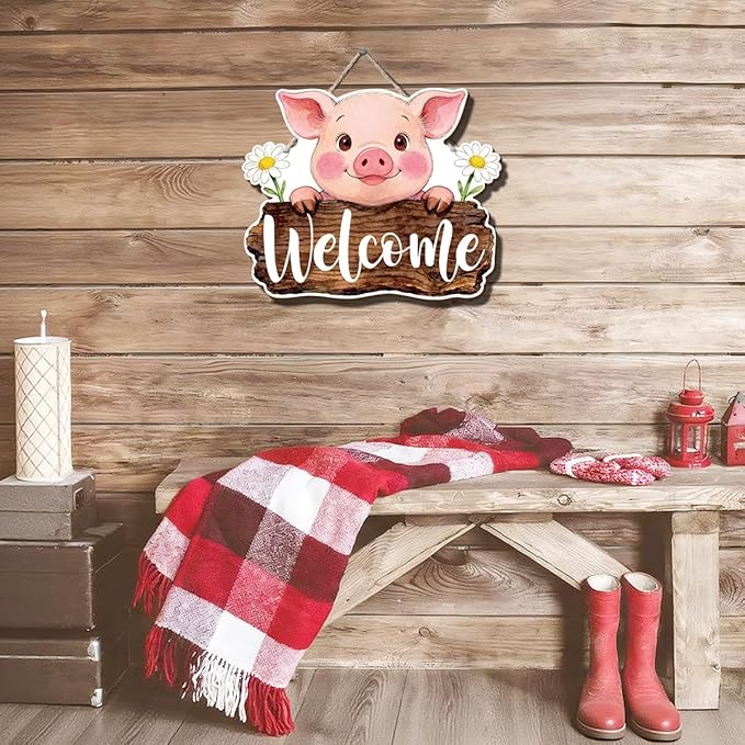 Farmhouse Wall Decor, Cute Pig Welcome Sign with Daisies, Rustic Wood Hanging Plaque, Watercolor Farm Animal Wall Art Painting Style, Country Kitchen or Porch Door Sign, 11.8x9.6 Inches