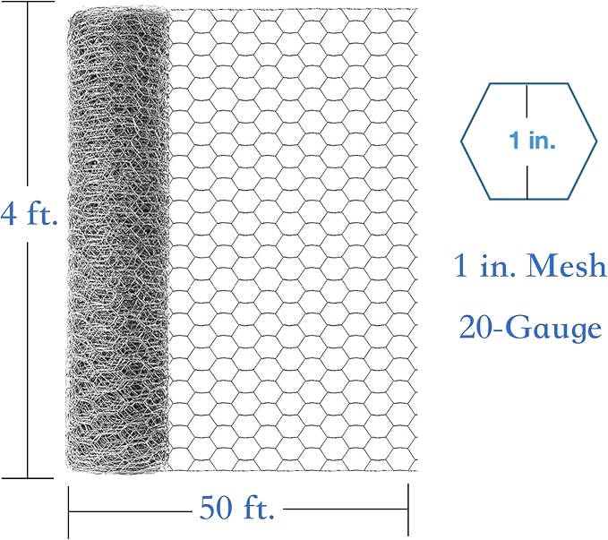 20-Gauge Galvanized Hexagonal Poultry Netting Chicken Wire Rolled Fencing with Mesh Size 1-in (4 ft. x 50 ft.)