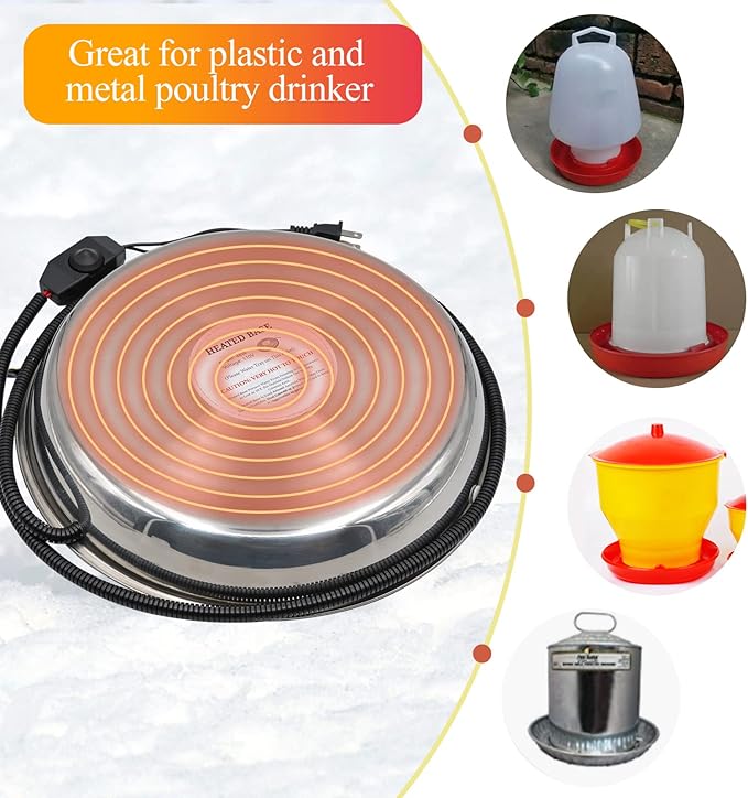 Chicken Waterer Heater,14 Inch Heated Chicken Waterer Base for Winter 5 Gallon with Anti-bite Cable for Poultry Fountains Water Bowl Plastic Metal Waterer