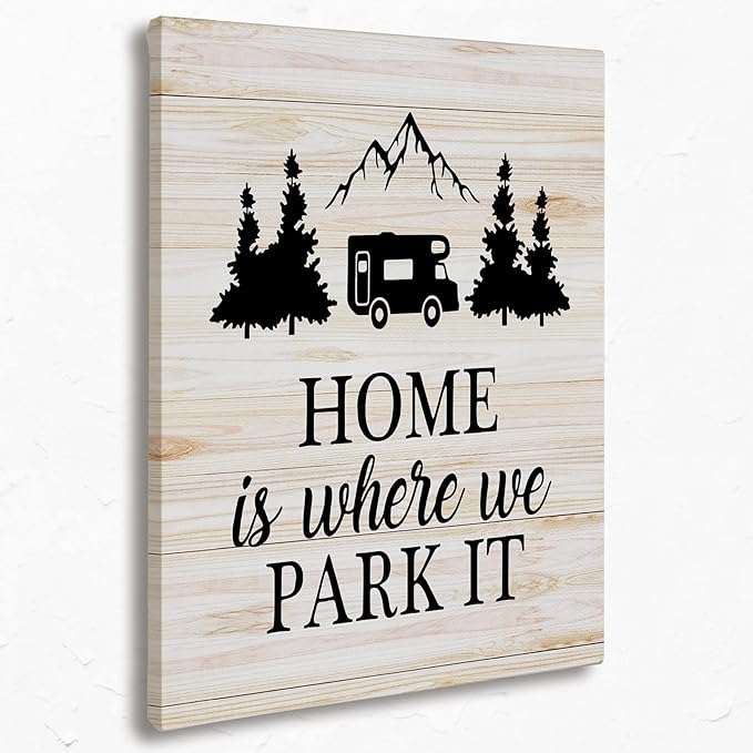 Tizzer Funny Home Wall Decor, Farmhouse Camping Signs Canvas Wall Art Prints Decor for Travel Trailer Camper, Home Is Where We Park It, 11x14 Inches