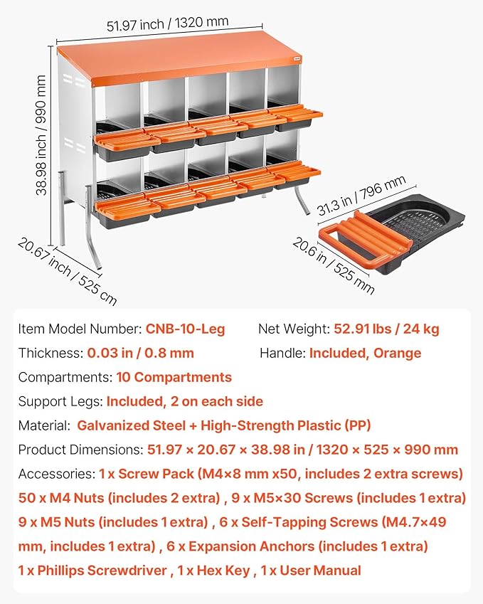 VEVOR Chicken Nesting Boxes, 10 Compartments, with Support Legs, Easy Egg Collection, Galvanized Steel and High-Strength Plastic, Roll Away Nesting Boxes for Chickens and Hens Laying Eggs, Orange