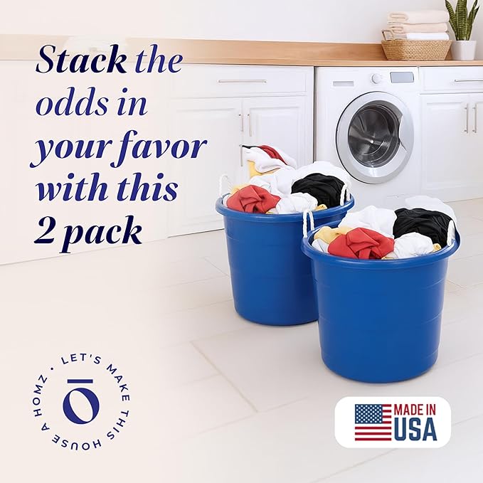 HOMZ 2-Pack Utility Tub, Large Plastic Storage Bucket with Rope Handles, 17 Gallon, Blue - Portable Indoor and Outdoor Buckets for Kitchen, Laundry, Garden, Bathroom, and Garage Organization