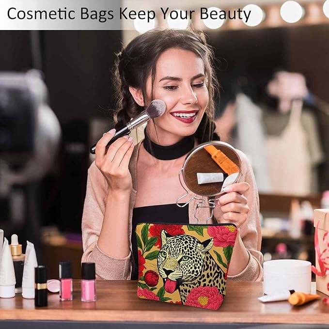 Woman Makeup Bag Leopard, Wildlife Leopard Panther Peonies Red Makeup Bags Travel Cosmetic Bags Toiletry Makeup Organizer Pencil Pouch Make Up Cosmetic Bag For Owners Lady Birthday Gifts