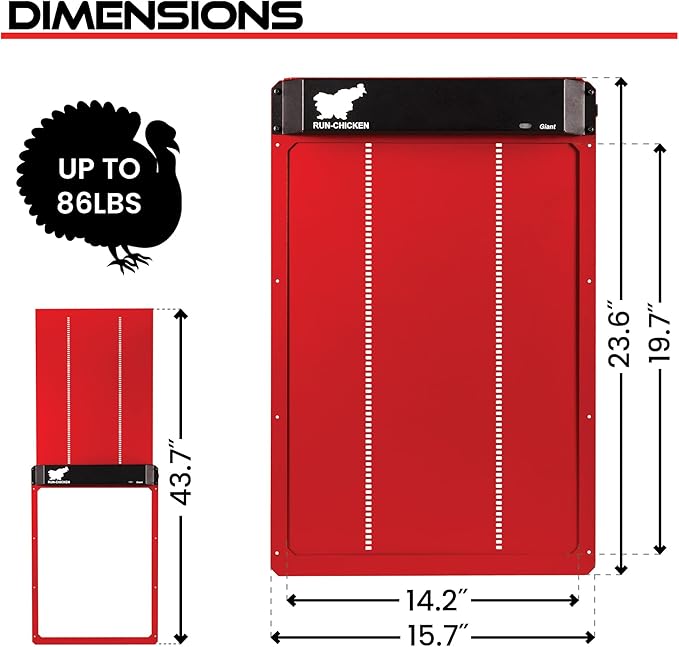 RUN-CHICKEN Door Giant – Large Automatic Poultry Coop Door for Ducks & Turkeys, Not for Chickens, Battery Powered/Solar Compatible, Heavy-Duty Aluminum, Predator Proof, Easy Install (Red)