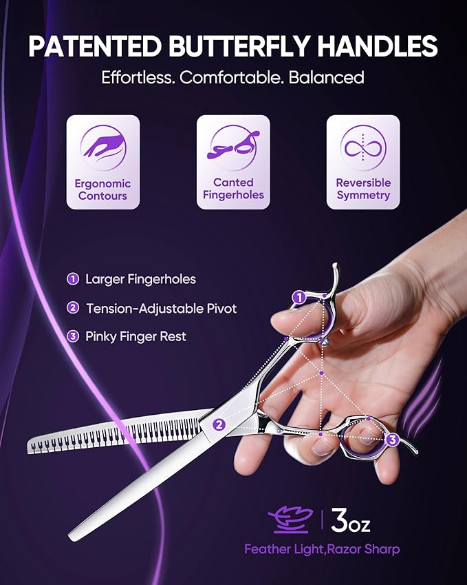 ULG 7.5” Dog Grooming Chunker Shears – 30° Curved Pet Grooming Scissors, Japanese 440C Stainless Steel, 30 Comb & Chunker Teeth, 60% Thinning Rate, Reversible Butterfly Handles for Face, Nose & Body