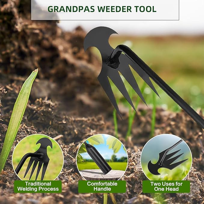 Garden Weed Pulling Tool, 2025 New Stainless Steel Weeder Tool，Grandpas Weeder Tool with Handle, Puller Tool 4 Tooth Manganese Steel, for Gardening Backyard Farm