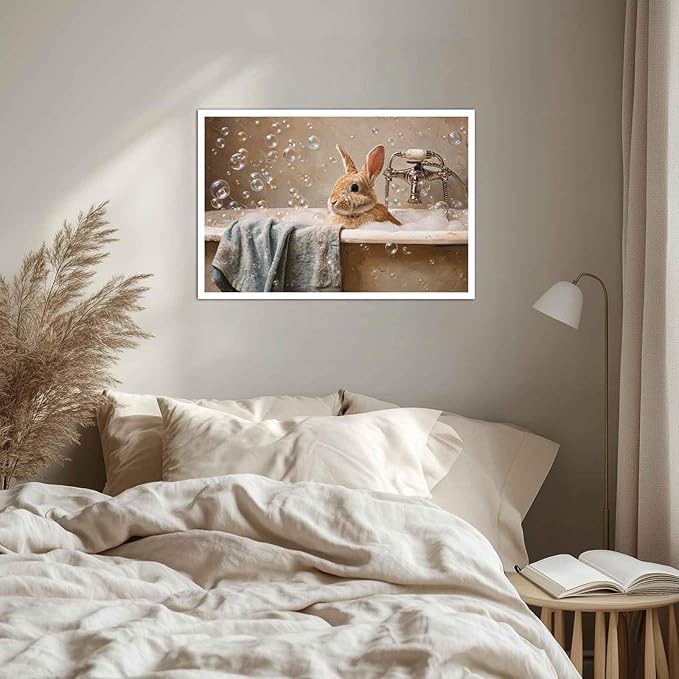 MNFGMH Easter Bathroom Print Vintage Style Bunny in Bathtub Poster for Wall Rustic Farmhouse Easter Wall Art Canvas Roll 20x30 inch