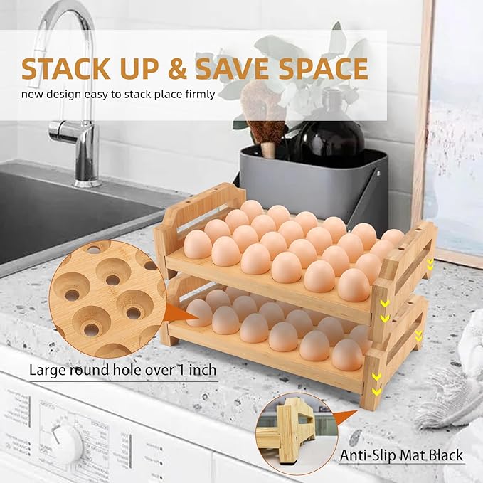 48 Egg Holder Countertop 2-Tier Stackable Bamboo Egg Tray with Anti-Slip Pads/Ventilation Design, Fresh Eggs Storage Organizer for Chicken/Duck/Turkey Eggs