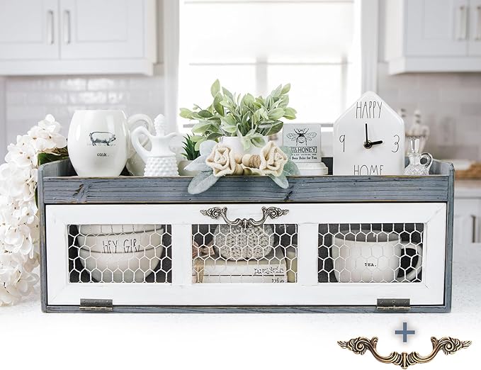 Felt Creative Home Goods Farmhouse Chicken Wire Countertop Shelving Organizer, Decorative Kitchen Pantry Storage Cabinet, Rustic Counter Storage Display, Country Kitchen Island Decor (Dusty Blue Gray)