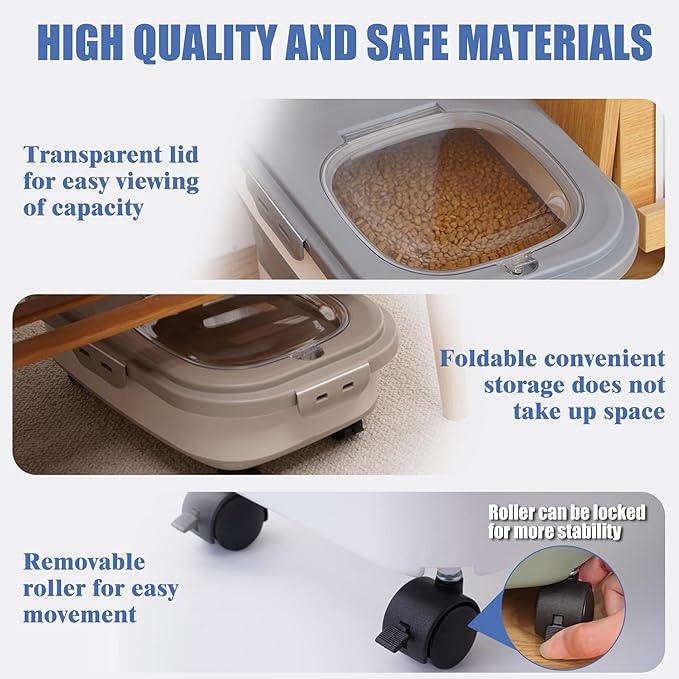 Collapsible Dog Food Storage Container, Airtight 30 35 Lbs Rice Cereal Flour Sugar Containers, Sealable Plastic 20 25 Pound Dog Pet Cat Bird Seed Kitchen Pantry Holder Bin Bucket with Rolling Wheel