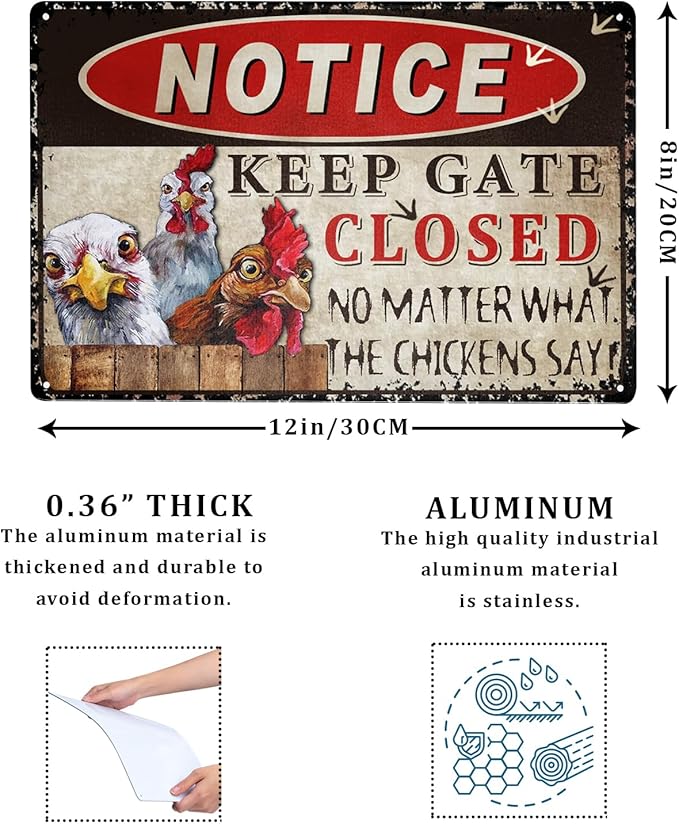Funny Chicken Signs for Coop - Outdoor 8"x12", Keep Gate Closed - Metal Tin Signs - Retro Farmhouse Decorations - Chicken Coop Accessories