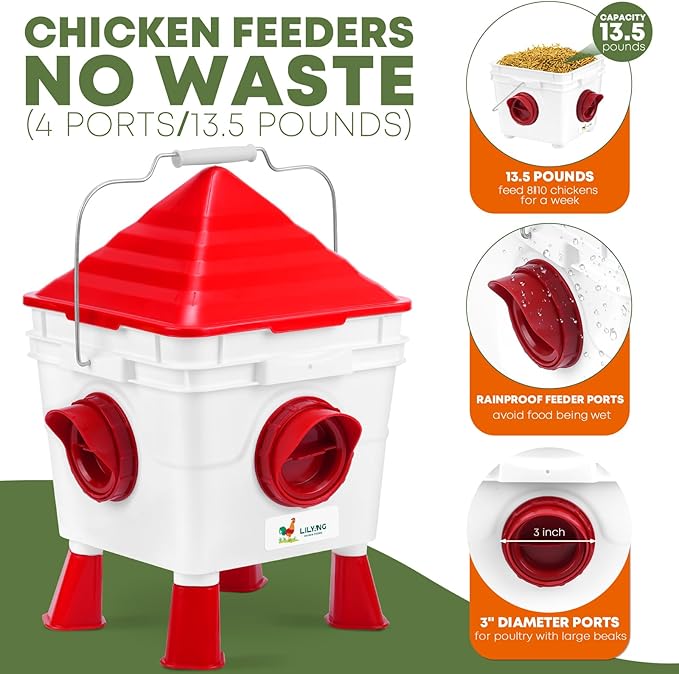 Lilyang Standing Chicken Feeders and Chicken Waterers, 2.5 Gallon Chicken Water Feeder with 4 Cups, 13.5 lb Automatic Chicken Feeder No Waste, for 8-10 Adult Chickens or 10-15 Quails (Standing)