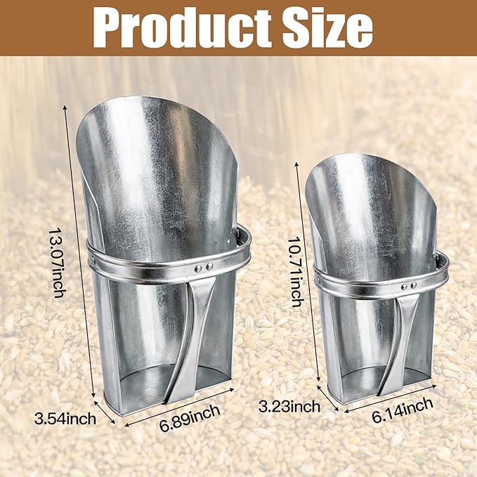 Domensi 2 Pcs Heavy Duty Metal Feed Scoops, Large 4 Qt & 2.5 Qt Galvanized Steel Horse Feed Scoop for Grain, Livestock, Chicken & Dog Food, Easy Clean
