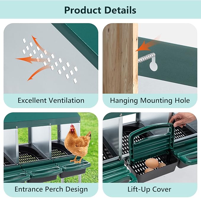 Chicken Nesting Box for Laying Eggs - 4 Room Chicken Laying Boxes, Nesting Boxes for Chickens, Heavy Duty Metal Chicken Coop, 42.12" L x 12.99" W x 31.88" H