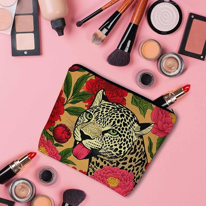 Woman Makeup Bag Leopard, Wildlife Leopard Panther Peonies Red Makeup Bags Travel Cosmetic Bags Toiletry Makeup Organizer Pencil Pouch Make Up Cosmetic Bag For Owners Lady Birthday Gifts