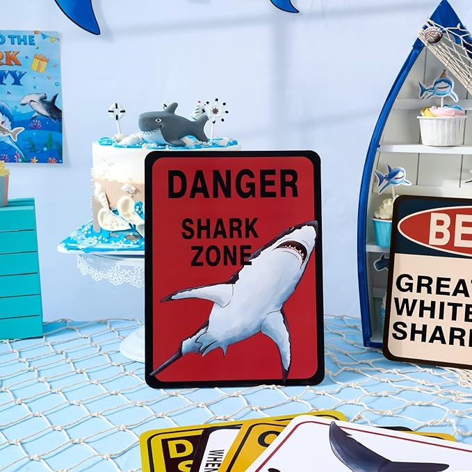 WERNNSAI Shark Birthday Party Decorations - 9 PCS Blue Shark Party Decoration Signs for Kids Boys Under The Sea Birthday Supplies Ocean Shark Signs Decor for Ocean Themed Baby Show Party Favors