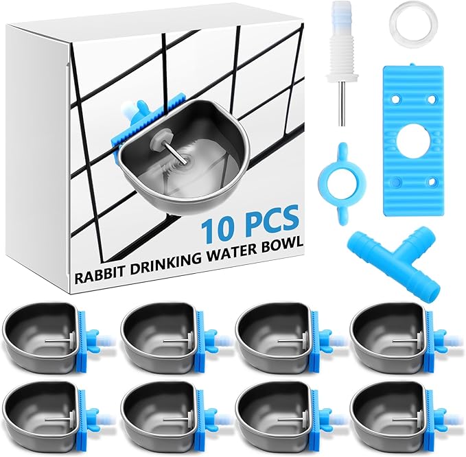 10 Pcs Rabbit Water Bowls Nipple Drinker 2.56 x 2.36 x 1.18 Inch 304 Stainless Steel Rabbit Breeding Drinking Waterer Removable Hanging Bunny Water Bowl for for Cages Small Animals
