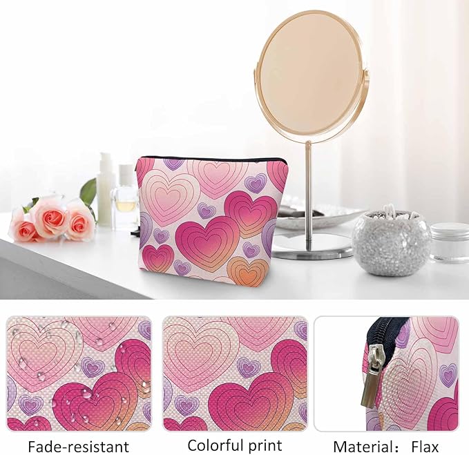 Hearts Cosmetic Travel Bag For Toiletries, Hippie Love Heart Pink Makeup Bag Toiletry Bags For Women, Flax Cosmetic Bags Make Up Bag Purse Toiletries Bag Birthday Gift
