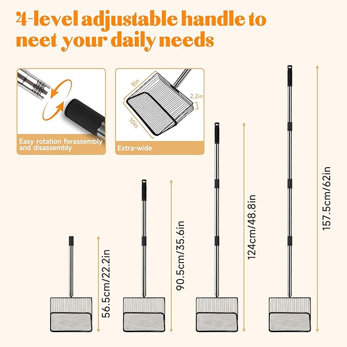 4-in-1 10" Large Chicken Poop Scooper with Gloves,Sifting Shovel Rake,Henhouse Cleaning Tool,Adjustable Long Handle (22.4-62") Litter Scoop,Stainless Steel Poop Shovel for Farm,Goat Stall Accessories