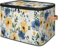 Watercolor Wildflowers Storage Bins with Lids, Blue Yellow Floral Fabric Storage Boxes with Zipper, Collapsible Decorative Closet Organizer Cube for Clothes, Organizing, Shelves