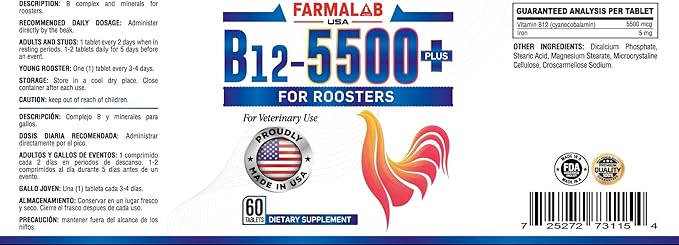 Farmalab B12 5500 Plus for Rooster Chicken Hens Poultry Gamefowl Plus para Gallos Gallinas Pollos Aves de Corral