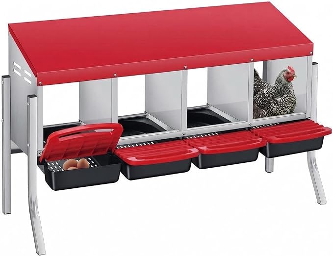 Chicken Nesting Boxes with Rollout Egg Collection – 4-Compartment Metal Hen Nest Box with Removable Trays, Slanted Roof & Ventilation, Wall Mount or Standing for Backyard Poultry Coop, Red