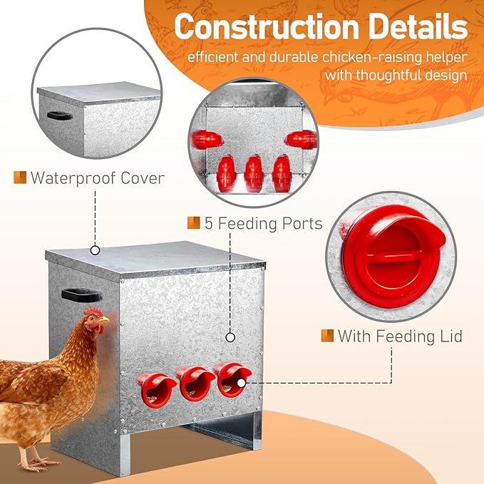 Outvita Metal Chicken Feeder 85 Pounds 5 Ports, No Waste Automatic Chicken Feeder, Metal Poultry Feeder with Handle for Chickens Duck Bantams Pheasants Poultry Coop Weatherproof, Rodent Proof