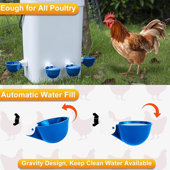 Chicken Water Cups 12 Pack, Automatic Filling Waterer Feeder Bowl, Gravity Poultry Watering System, Chicken Water Dispenser, Chicken Coop Accessories for Hens, Duck, Goose, Turkey (Blue)
