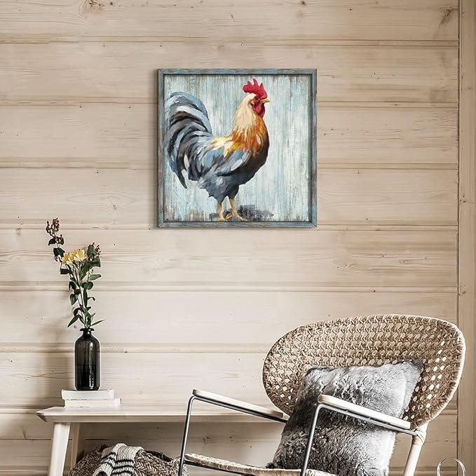 Rooster Wooden Wall Art Decor: Farm Cock Picture Country Animal Framed Artwork Rustic Farmhouse Chicken Painting is the Perfect Combination of Energy Nature for the Kitchen Bedroom 20"x20"
