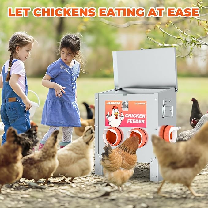 6 Ports Automatic Chicken Feeder 85 Pounds Large Gravity Fed Chicken Feeder with Latch & Handle for Chickens Bantams Pheasants Poultry Coop Weatherproof