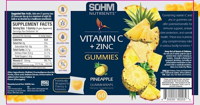 Vitamin C 60000mcg + Zinc 15000mcg Gummies, Individually Wrapped 60 Count, Supports Healthy Immune Health, Vitamin C Gummies,Supplements for Adults